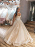 A Line Spaghetti Straps Sweetheart Champagne Tulle Sequins Prom Dress LBQ4183